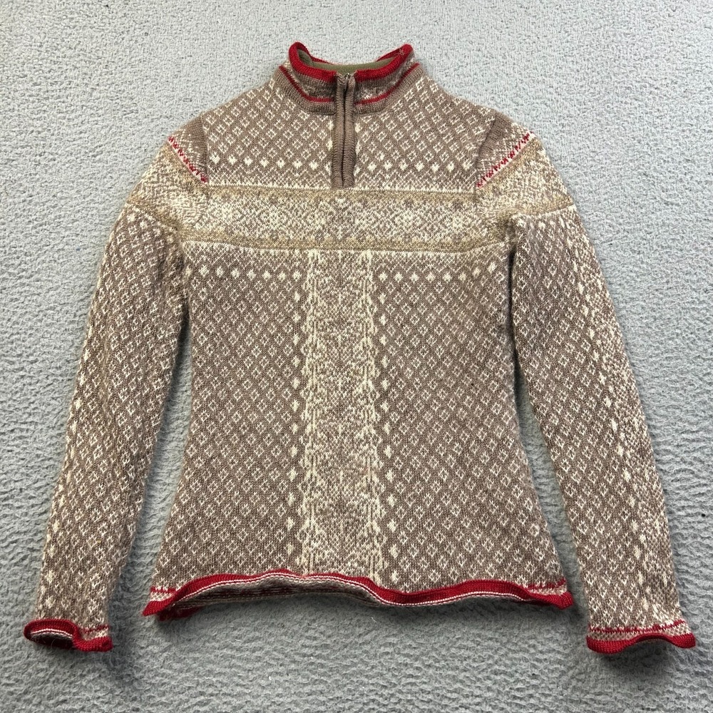 Icewear Womens Quarter Zip Nordic Sweater Pure New Wool  Brown Red Trim Small